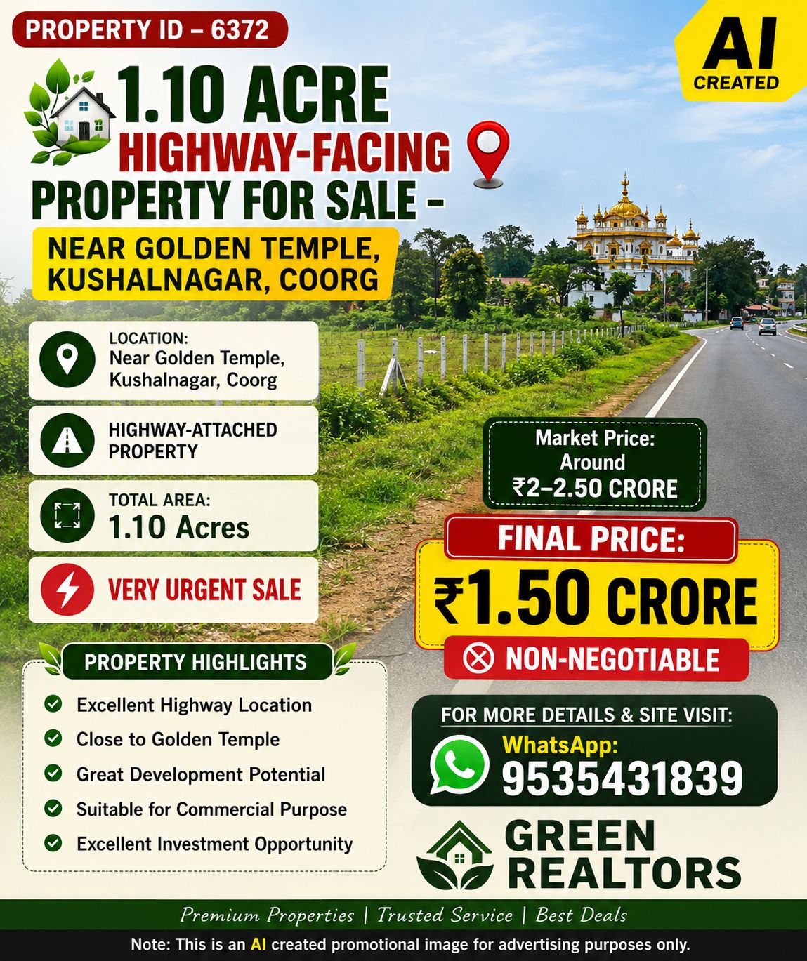 🆔 *PROPERTY ID – 6372* 🌿🏡 *1.10 ACRE HIGHWAY-FACING PROPERTY FOR SALE – NEAR GOLDEN TEMPLE, KUSHALNAGAR, COORG* 🏡
